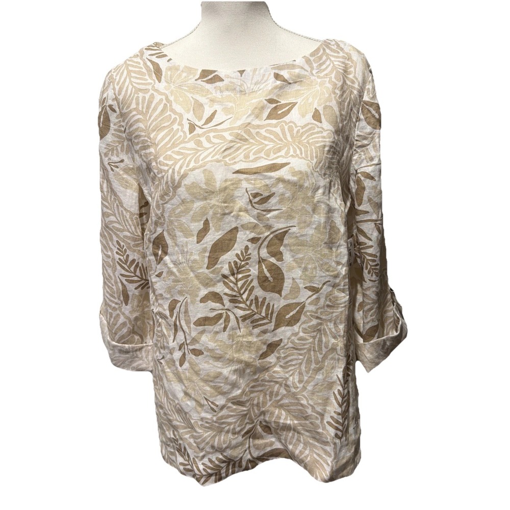 Charter Club Women's M 100% Linen‎ D-Ring Top, Neutral Combo Leaf Print NWT